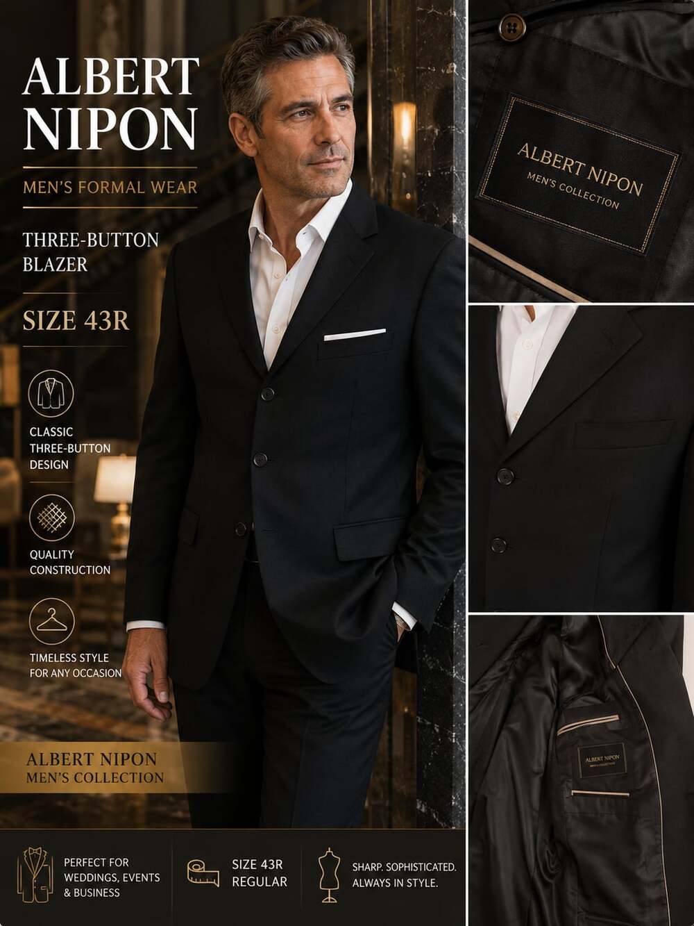 Albert Nipon Men’s Black Three Button Blazer Sport Coat Size 43R Formal Classic